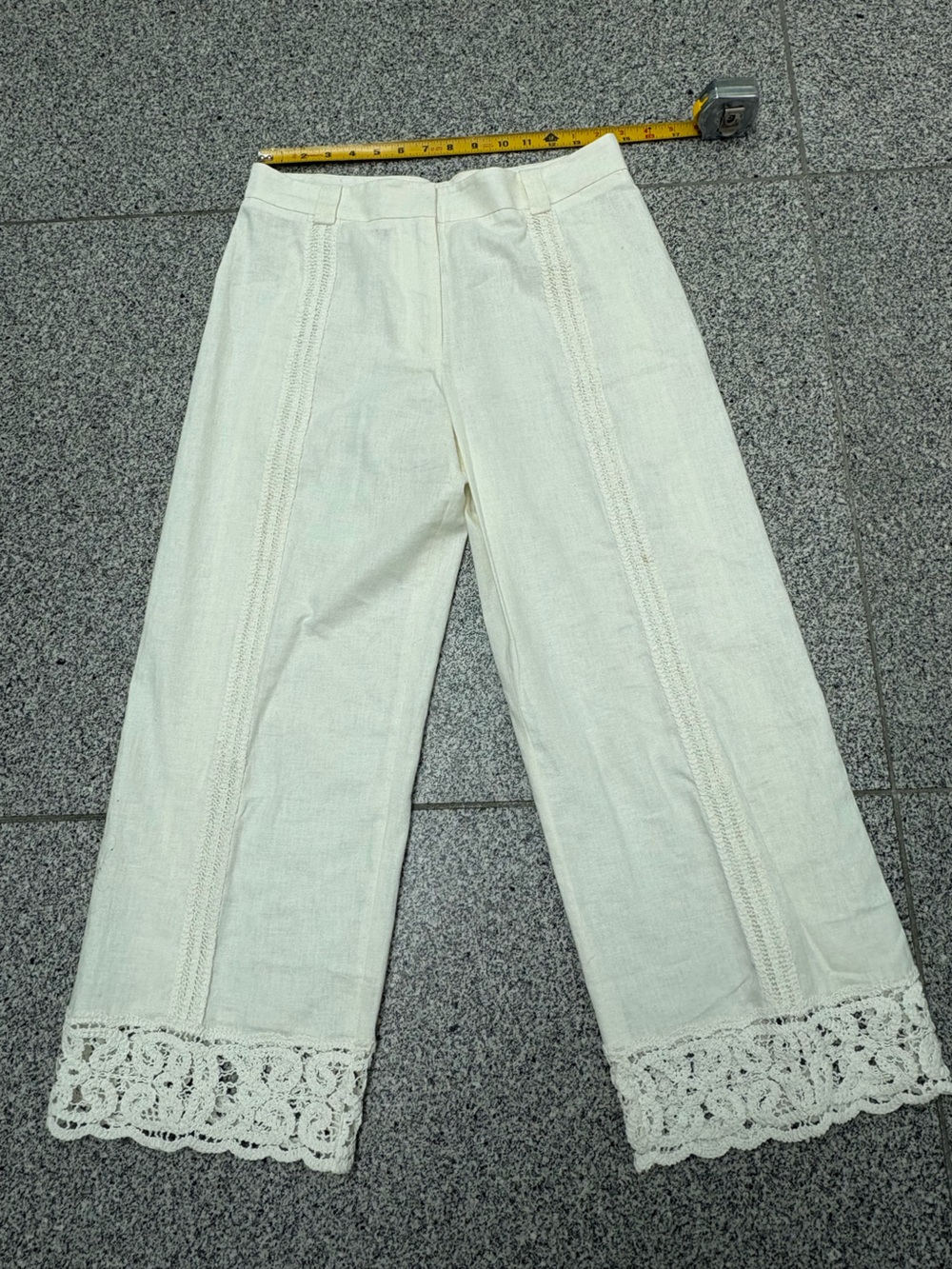 Zara Cream Cropped Linen-Blend Pants with Crochet Trim